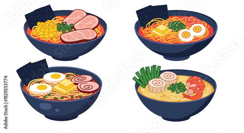 Four diverse bowls of ramen with various toppings and noodles in rich broth.