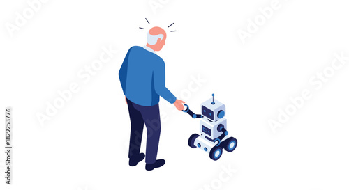 Elderly man holding hands with a small assistive robot on wheels.