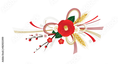 Traditional Japanese New Year decoration with camellia, plum blossoms, and wheat ears.