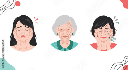 Three women experiencing different forms of distress and discomfort, including pain, aging, and tears.