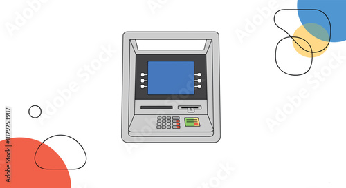 Modern gray ATM machine with a blue screen on a white background with colorful abstract shapes.