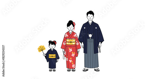 A family of three, a father, mother, and daughter, dressed in traditional Japanese kimonos and hakama, stand side by side.