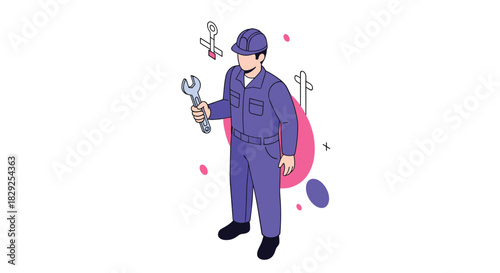 Isometric illustration of a mechanic in a blue uniform holding a wrench and a helmet.