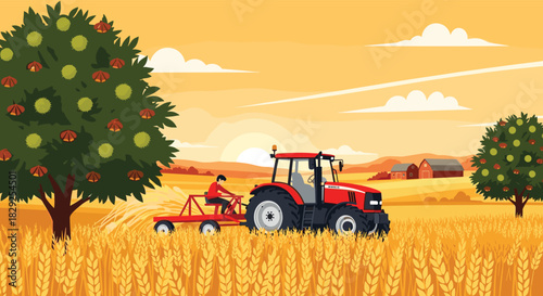 A farmer drives a tractor through a golden wheat field at sunset, with fruit trees and farm buildings in the background.