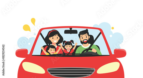 A happy family of four is enjoying a car ride together, with parents driving and children excited in the back.