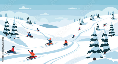 People enjoying a winter day sledding down snowy hills surrounded by pine trees.