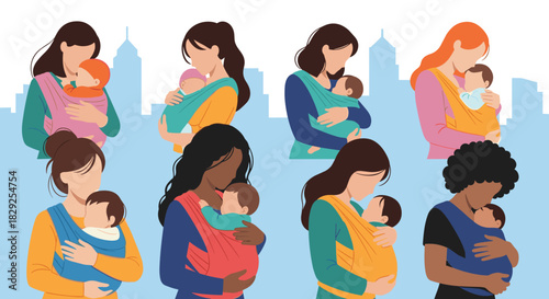 Diverse mothers bond with their babies in slings against a city skyline background.