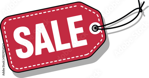 A bright red rectangular sale tag displaying white text and a practical tied black string