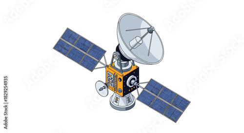 An illustration of a communications satellite with solar panels and a large dish antenna against a white background.