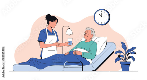 Nurse giving a glass of water to an elderly patient in bed.