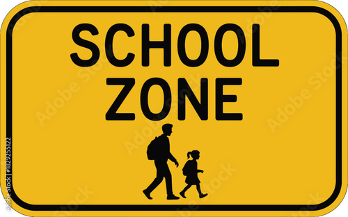A bright yellow rectangular sign warns drivers about a school zone with walking child safety