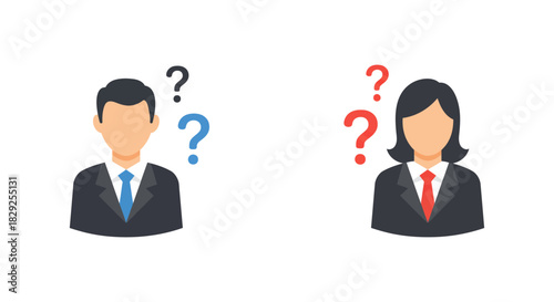 Confused business people with question marks expressing uncertainty and doubt about solutions for illustrating problems and decision making scenarios.