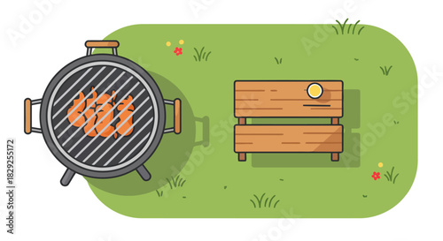 BBQ grill with sausages and a bench in a park for summer picnic promotion food blog party invites and outdoor lifestyle illustration.