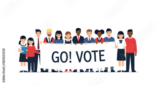 A diverse group of people holding a banner that says Go Vote, encouraging civic participation.