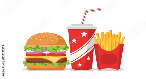 Illustration of a classic fast food meal including a burger, french fries, and a soda with a straw.