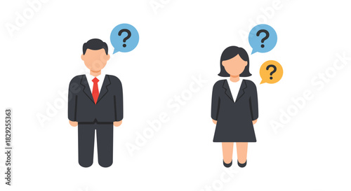 Businesspeople with questions office colleagues wondering seeking solutions brainstorming together ideal for presentations training materials and corporate blog.