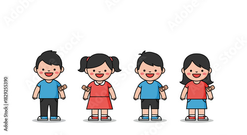 Children vaccinations cute kids with band-aids getting vaccine shots for disease prevention illustrating childhood immunization  healthcare campaign