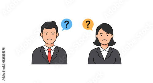 Confused business colleagues with question marks uncertain coworkers in office seeking solutions together ideal for teamwork concepts
