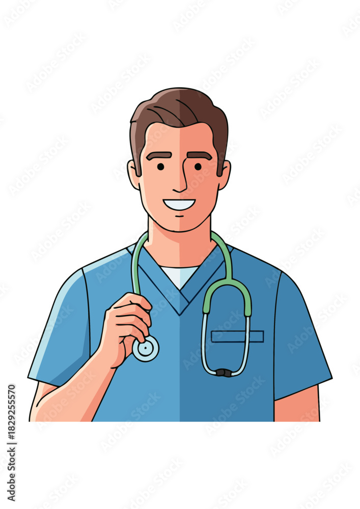Fototapeta premium Vector illustration of a friendly male doctor or nurse wearing blue scrubs and holding a stethoscope, a smiling healthcare professional character