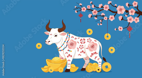 White ox decorated with flowers and gold coins under a cherry blossom branch.