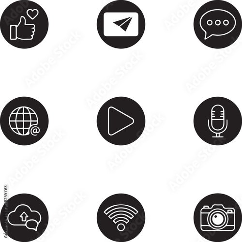 Social media and communication icons set isolated on white background
A collection of nine essential black and white line art icons for social media, digital communication, and multimedia applications
