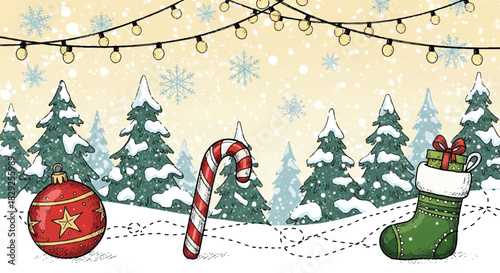 Christmas Decorations Candy Cane Ornament Stocking Snow Forest.