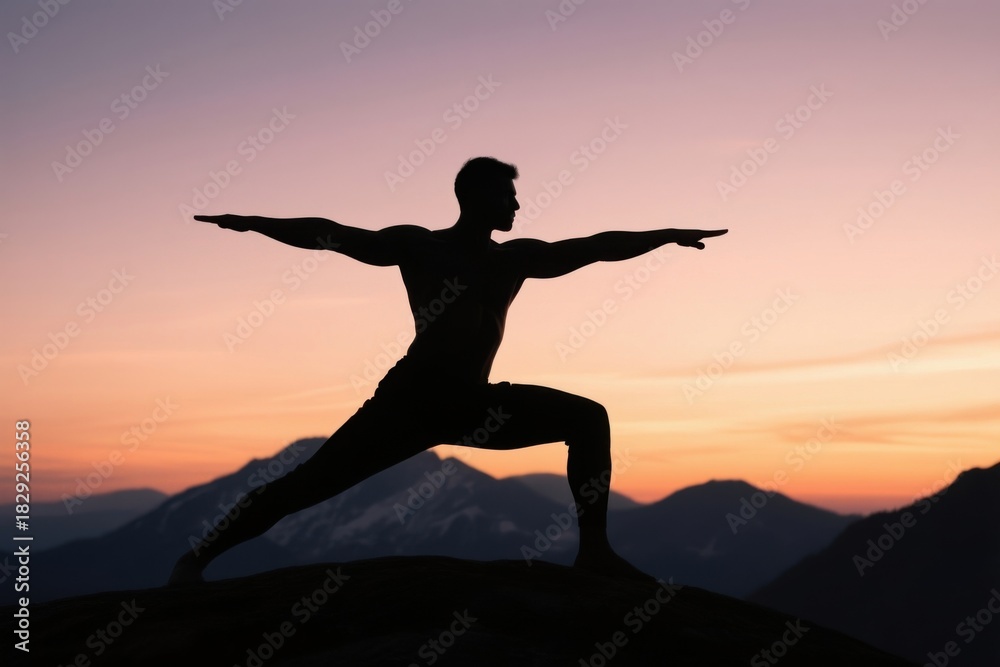 Fototapeta premium silhouette sunset yoga session concept. Silhouette of a person performing yoga at sunset in the mountains.