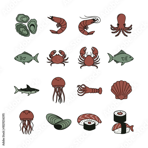 Assorted seafood and sushi illustrations including fish, shrimp, crab, octopus, and sushi rolls