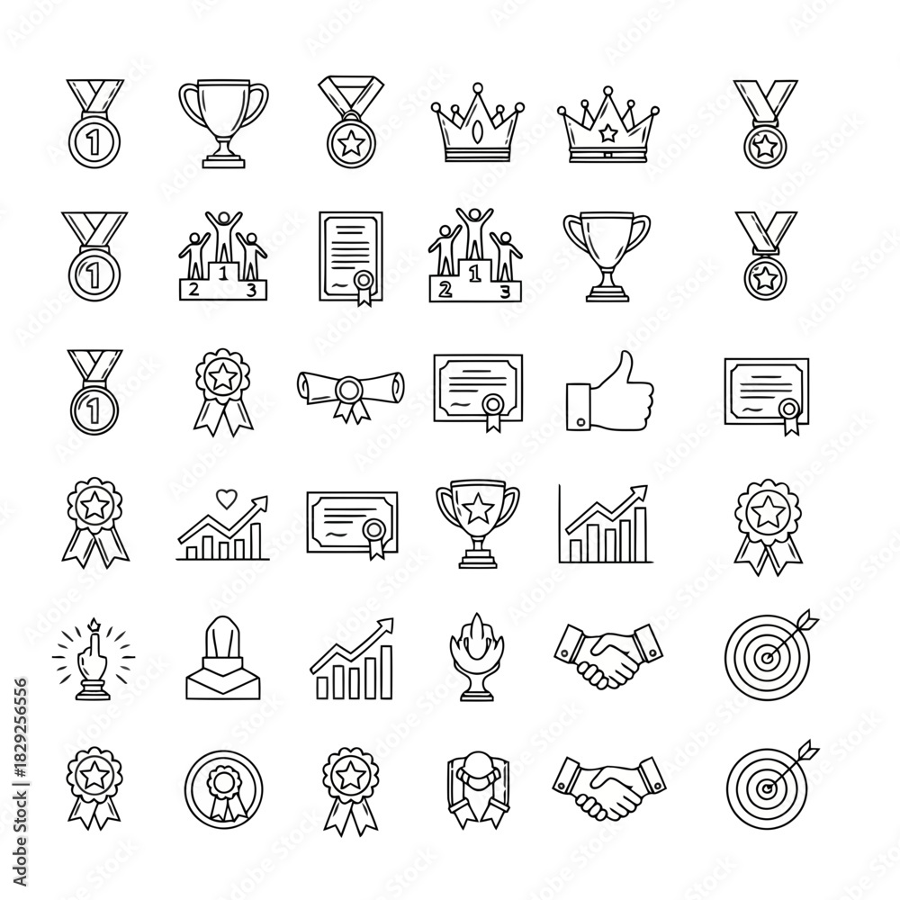 Naklejka premium Collection of achievement and success icons including medals, trophies, certificates, and awards