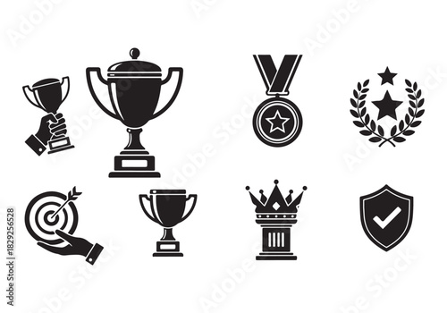 Set of winning award and prize icons, trophy reward, victory trophy signs