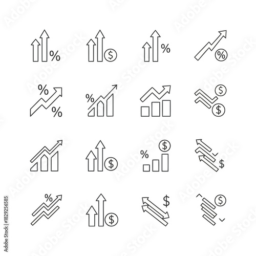 Set of icons representing financial growth, percentage increase, and business success with upward arrows, graphs, and currency symbols