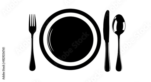 Black and white illustration of a plate with a fork and knife on either side, representing dining or a meal setting