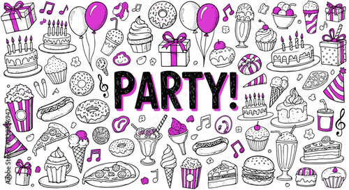 Colorful party celebration with desserts, cakes, and balloons on isolated