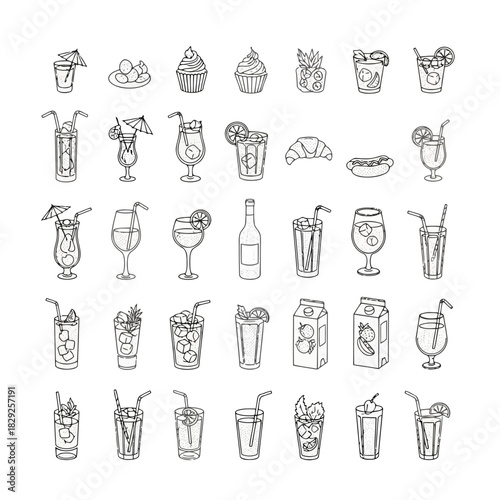 Collection of various drinks and desserts including cocktails, sodas, pastries, and more in a minimalist black and white illustration style