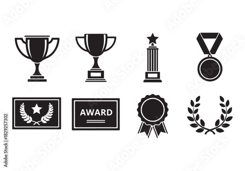 Set of winning award and prize icons, trophy reward, victory trophy signs