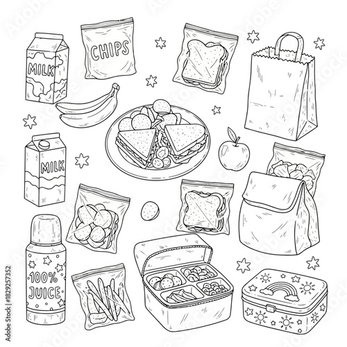 Illustration of various lunch items including sandwiches, fruits, snacks, and drinks arranged on a table