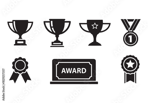 Set of winning award and prize icons, trophy reward, victory trophy signs