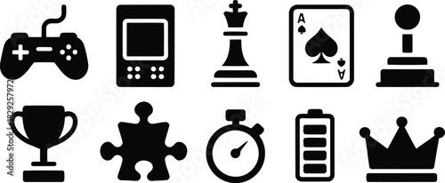 A collection of black and white gaming and entertainment activity icons
