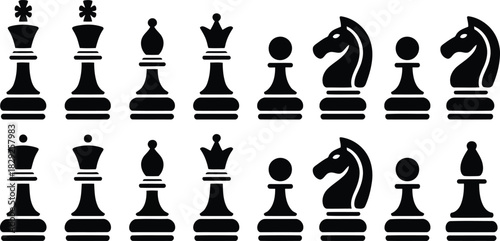 A clear collection of various black chess pieces arranged in two distinct rows on a white background