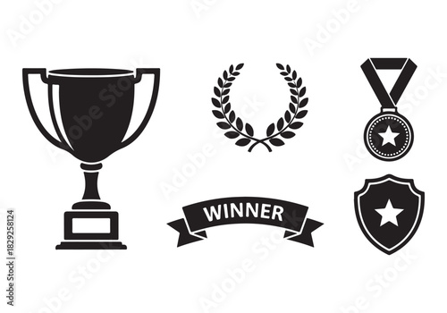 Set of winning award and prize icons, trophy reward, victory trophy signs