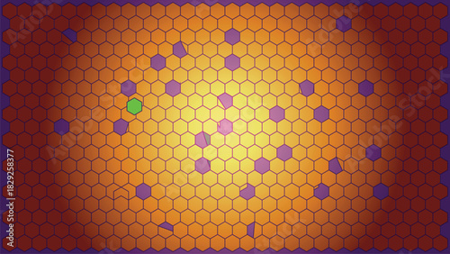 Abstract honeycomb structure background with glowing center surrounded by orange hexagonal pattern with green and purple cells on gradient design