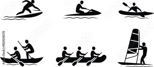 A collection of black silhouette icons depicting various popular water sports activities