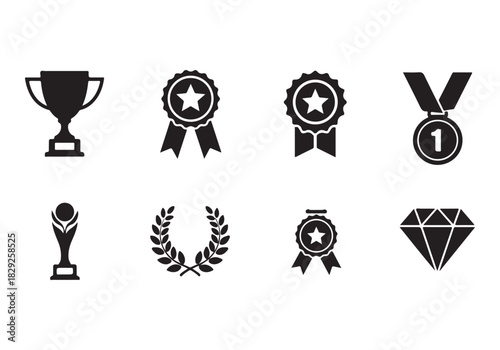 Set of winning award and prize icons, trophy reward, victory trophy signs