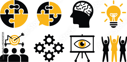 A collection of colorful business icons illustrates innovative ideas, strategic planning, collaboration, and successful team achievements