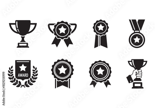Set of winning award and prize icons, trophy reward, victory trophy signs
