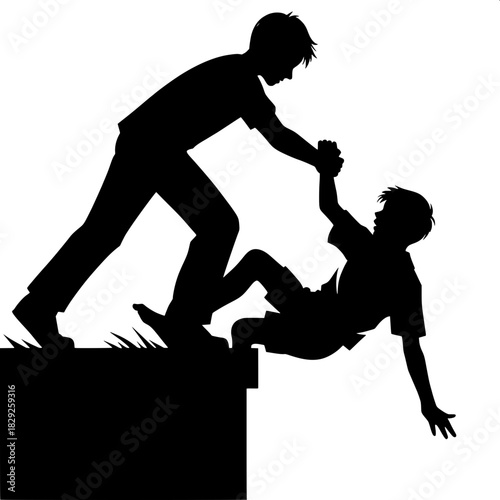 Black and White Vector Boy Helping Another After Losing Balance