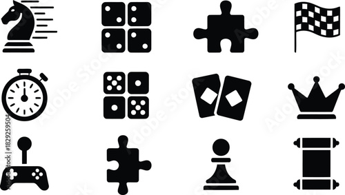 A collection of twelve black silhouette icons symbolizing popular board games, strategic thinking, and entertainment activities