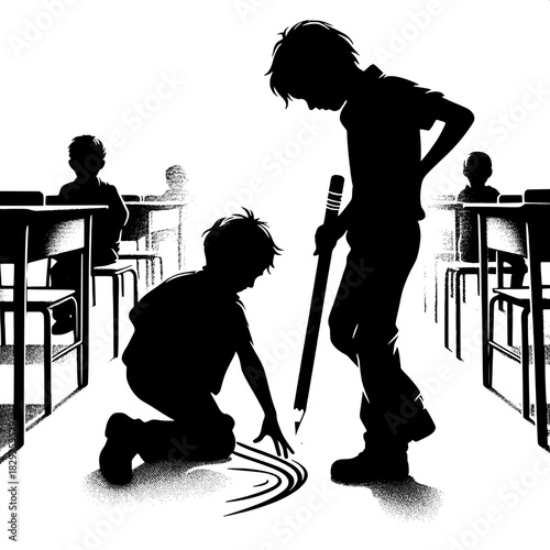 Black and White Vector Boy Helping Another Pick Up Pencil