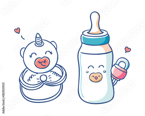 Illustration of a bottle with a pacifier. Mealtime, baby feeding. Cute unisex design for boys and girls. Hand drawn vector illustration isolated on white background. Childhood, motherhood, baby store 