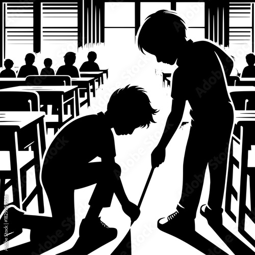 Black and White Vector Boy Helping Another Pick Up Pencil